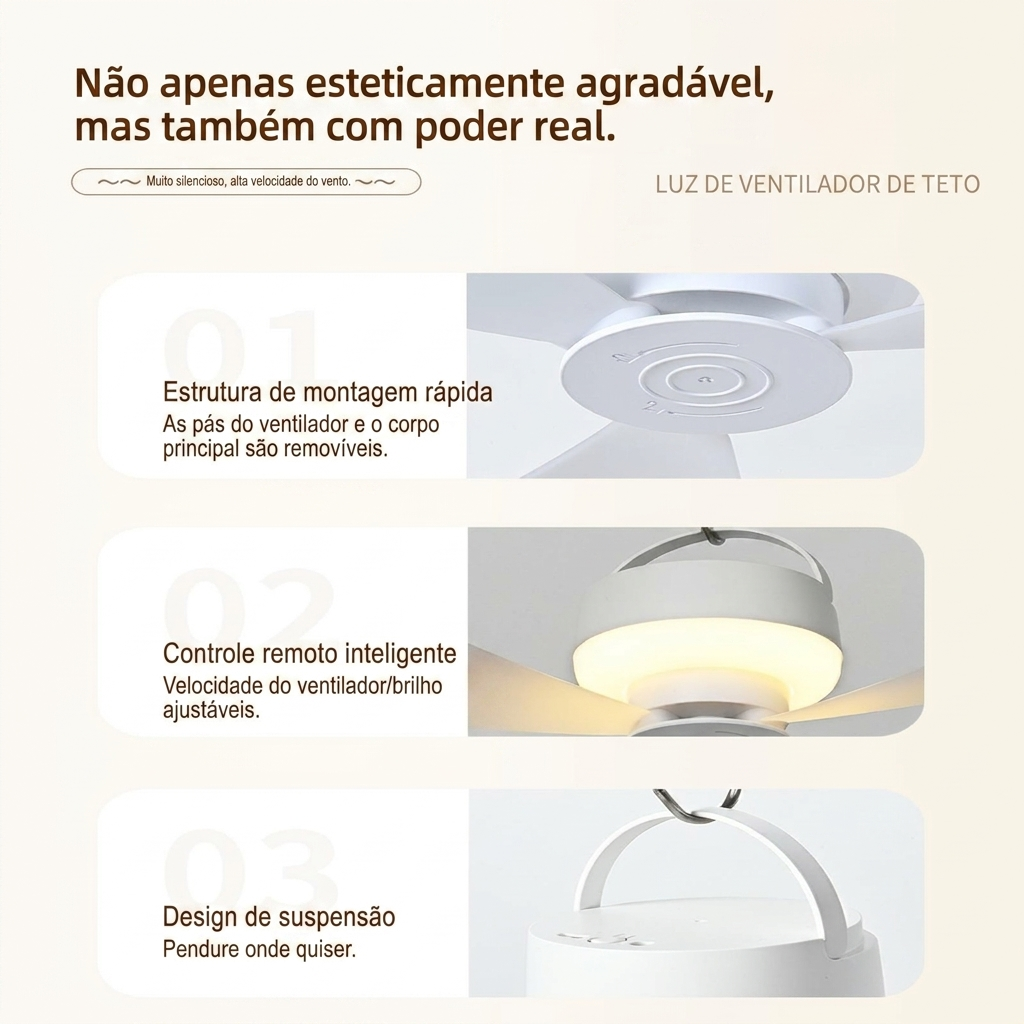 Ventilador de Teto Recarregável com LED – Frescura e Iluminação em Qualquer Lugar